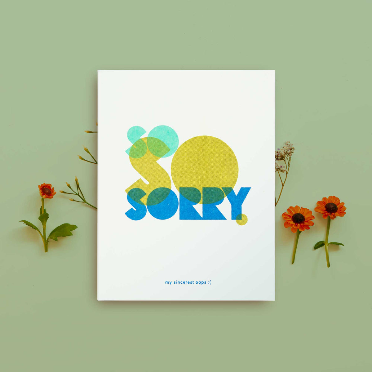 A white greeting card featuring a colorful graphic design that spells 'SO SORRY' using abstract shapes with 'my sincerest oops :(' at the bottom, styled flat lay on a sage green background with small orange and red flowers.
