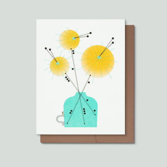 Inch Worm & Yellow Flowers Risograph Greeting Card