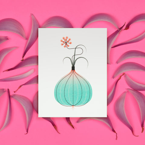 Illustration of a stylized onion on a greeting white card with sliced onions in the background.