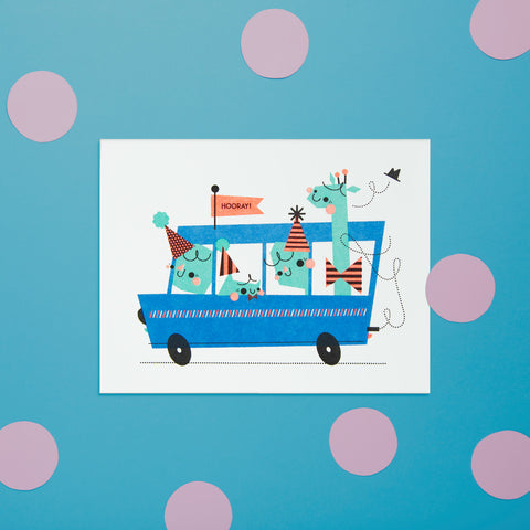 Illustration of a blue bus with cartoon with people and animals on a blue background with pink polka dots