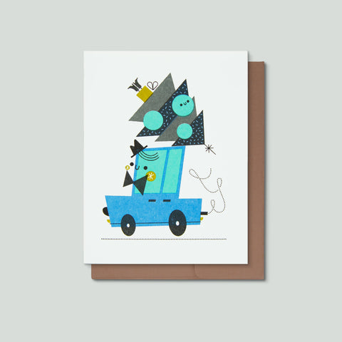Greeting card with a blue car and a christmas tree on a white background