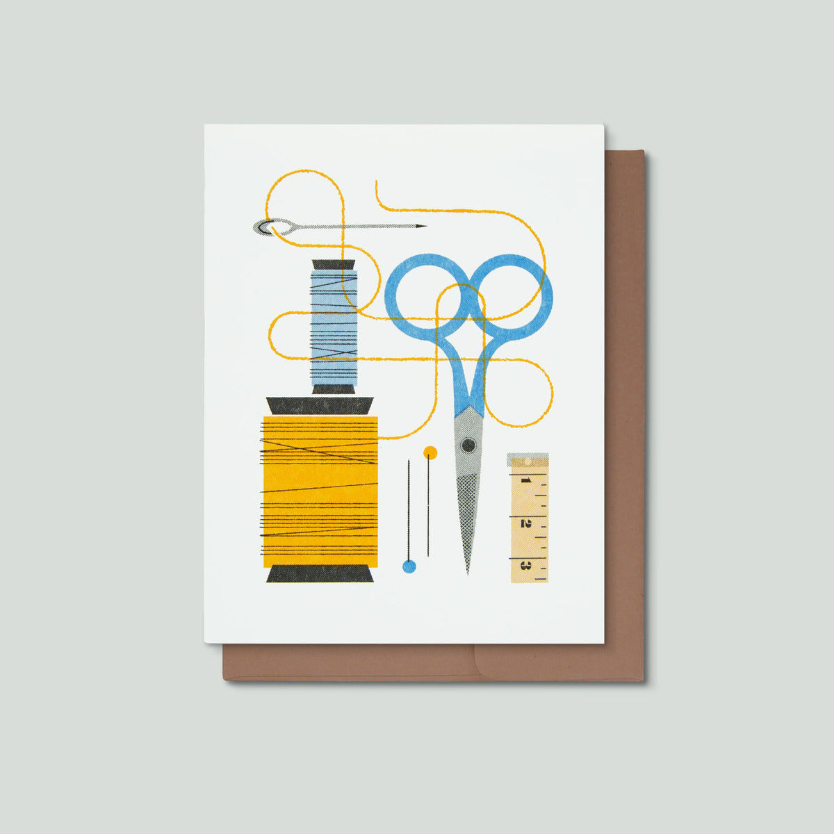 Greeting card with sewing tools illustration on a white background