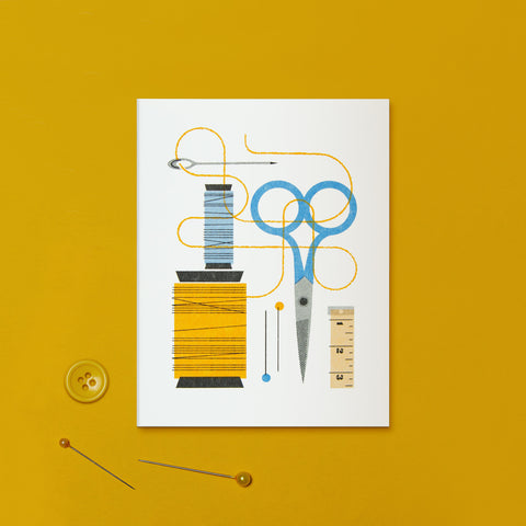Greeting card with an illustration of sewing tools on yellow background.