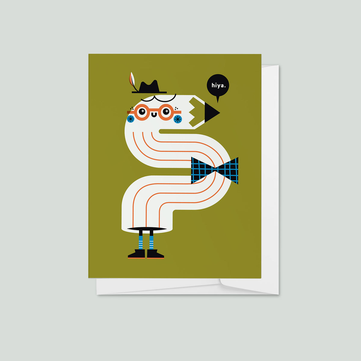 Illustrated greeting card featuring a smiling bendy pencil saying hiya! Card is in front of a white envelope on a grey background