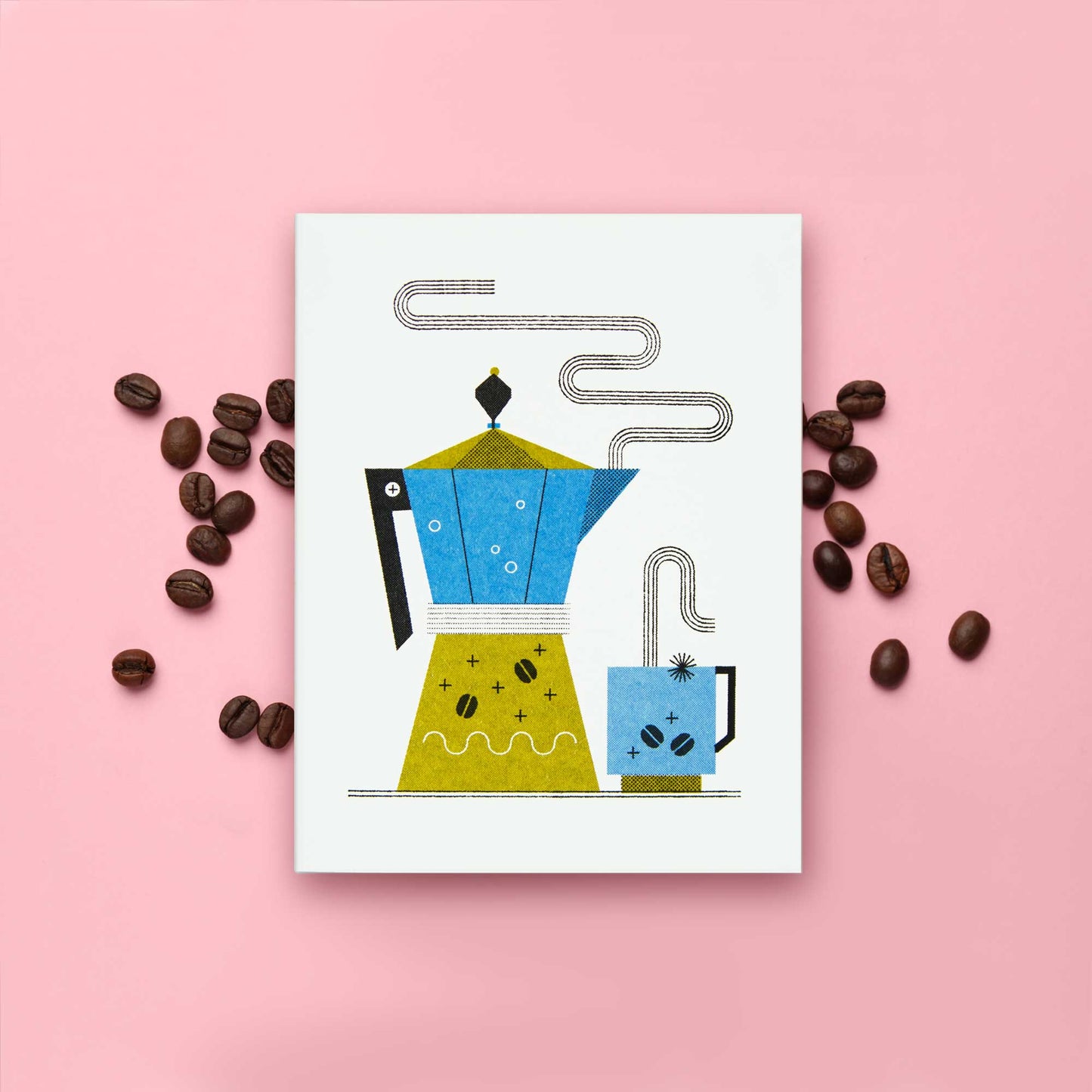 An risograph printed greeting card featuring a stylized moka coffee pot on a pink background with coffee beans