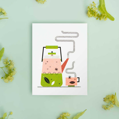 A minimalist greeting card featuring a stylized teapot and cup illustration, displayed on a light mint green background with scattered yellow flowers.