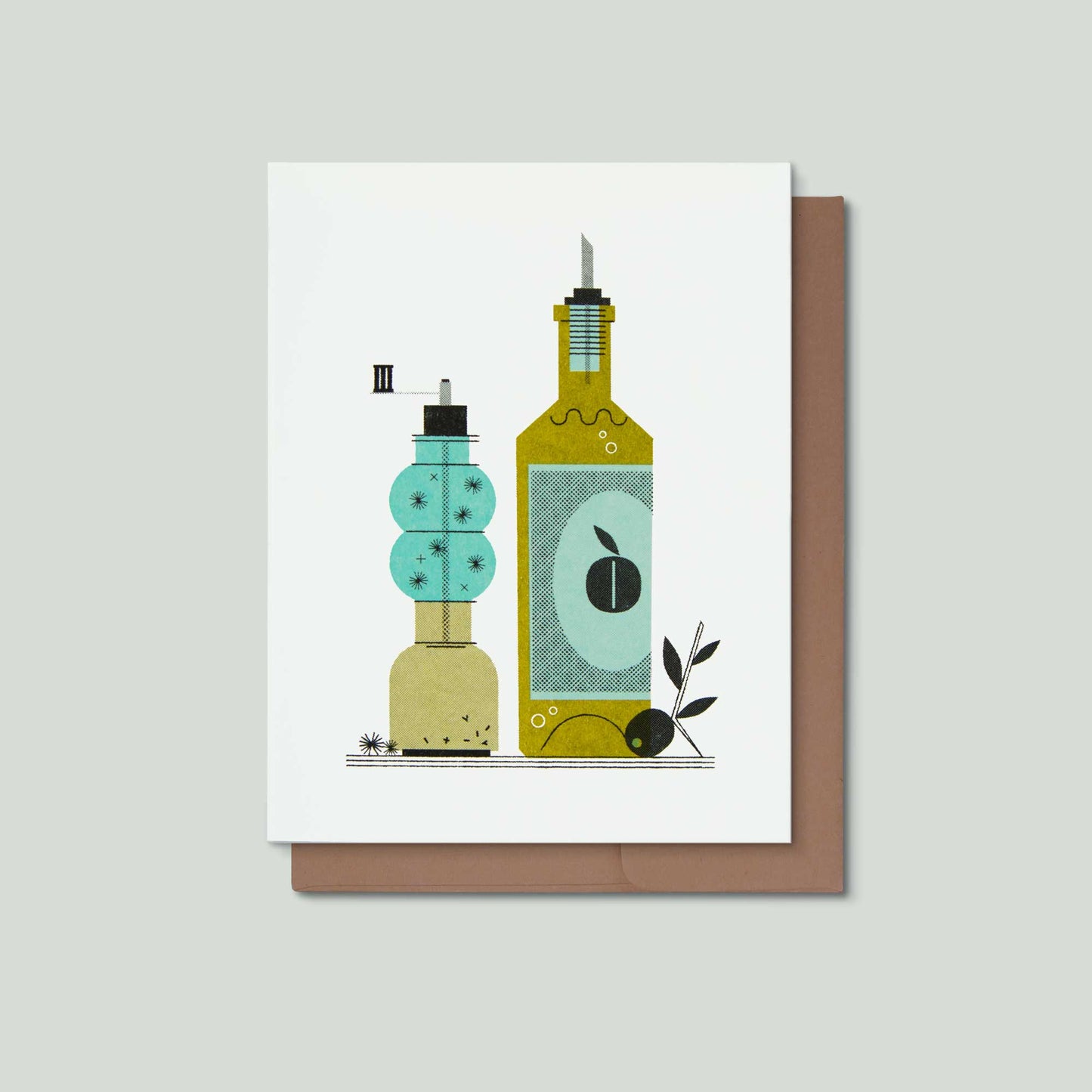 A greeting card featuring a minimalist illustration of olive oil and pepper, one with a turquoise and beige patterned body and the other in olive green, shown with a brown envelope against a light gray background.