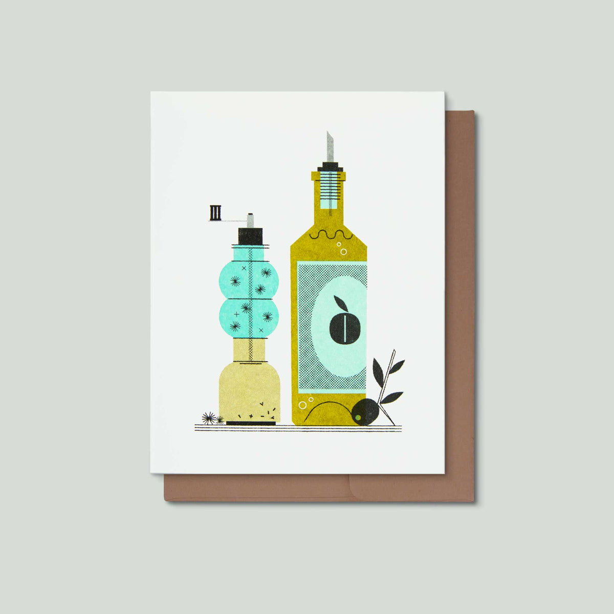 A greeting card featuring a minimalist illustration of olive oil and pepper, one with a turquoise and beige patterned body and the other in olive green, shown with a brown envelope against a light gray background.