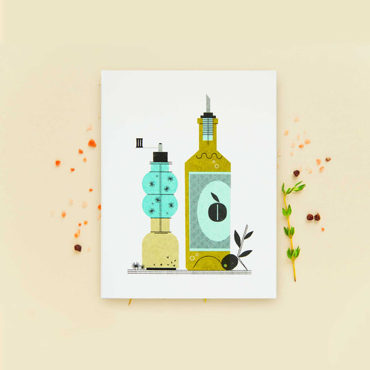 A risograph greeting card featuring a stylized illustration of olive oil & pepper bottles, one turquoise and one olive green, displayed on a cream colored backgrounf with salt, pepper, and thyme sprigs.