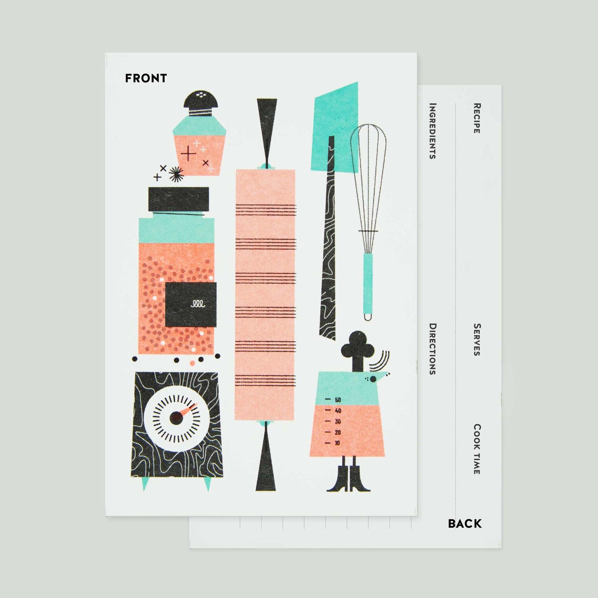 A recipe card featuring a front cover with whimsical kitchen utensil illustrations in coral, teal, black, and pink, shown alongside the back of the card with printed columns for ingredients, recipe, directions, serves, and cook time.