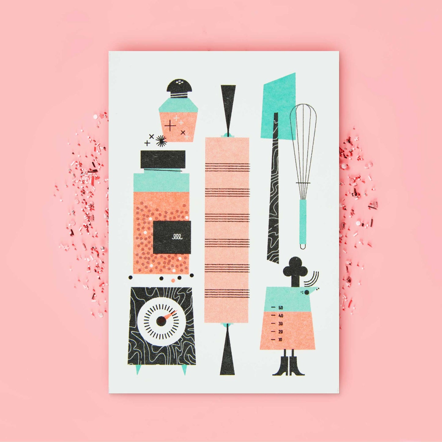 A vertical illustrated risograph printed recipe card featuring a retro style illustration of kitchen items like a liquid measure, whisk, spatula, kitchen timer, and rolling pin on a white background, styled on a pink backdrop with scattered pink candy sprinkles.