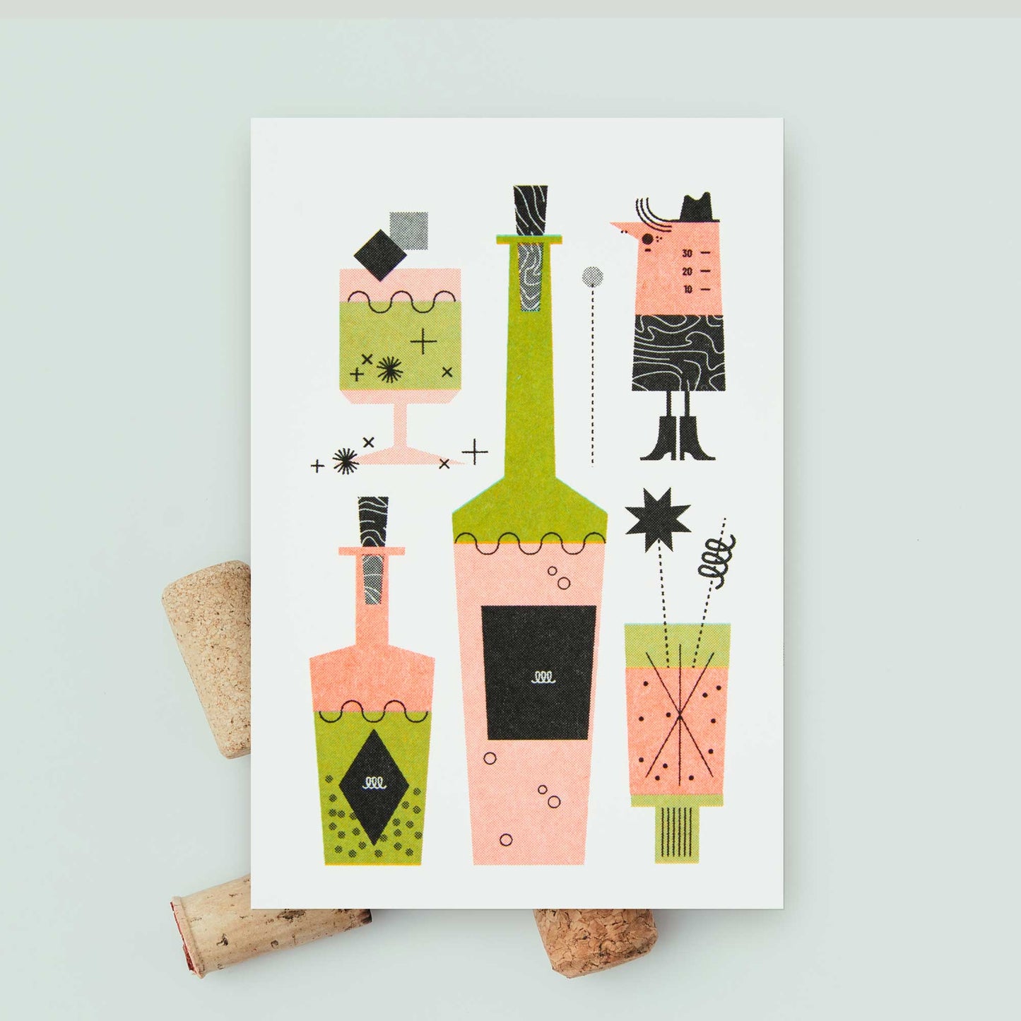 A white recipe card featuring a whimsical retro illustration of cocktail glasses and bottles in pink, green, and black, styled on a light background with cork props.