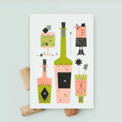 A white recipe card featuring a whimsical retro illustration of cocktail glasses and bottles in pink, green, and black, styled on a light background with cork props.