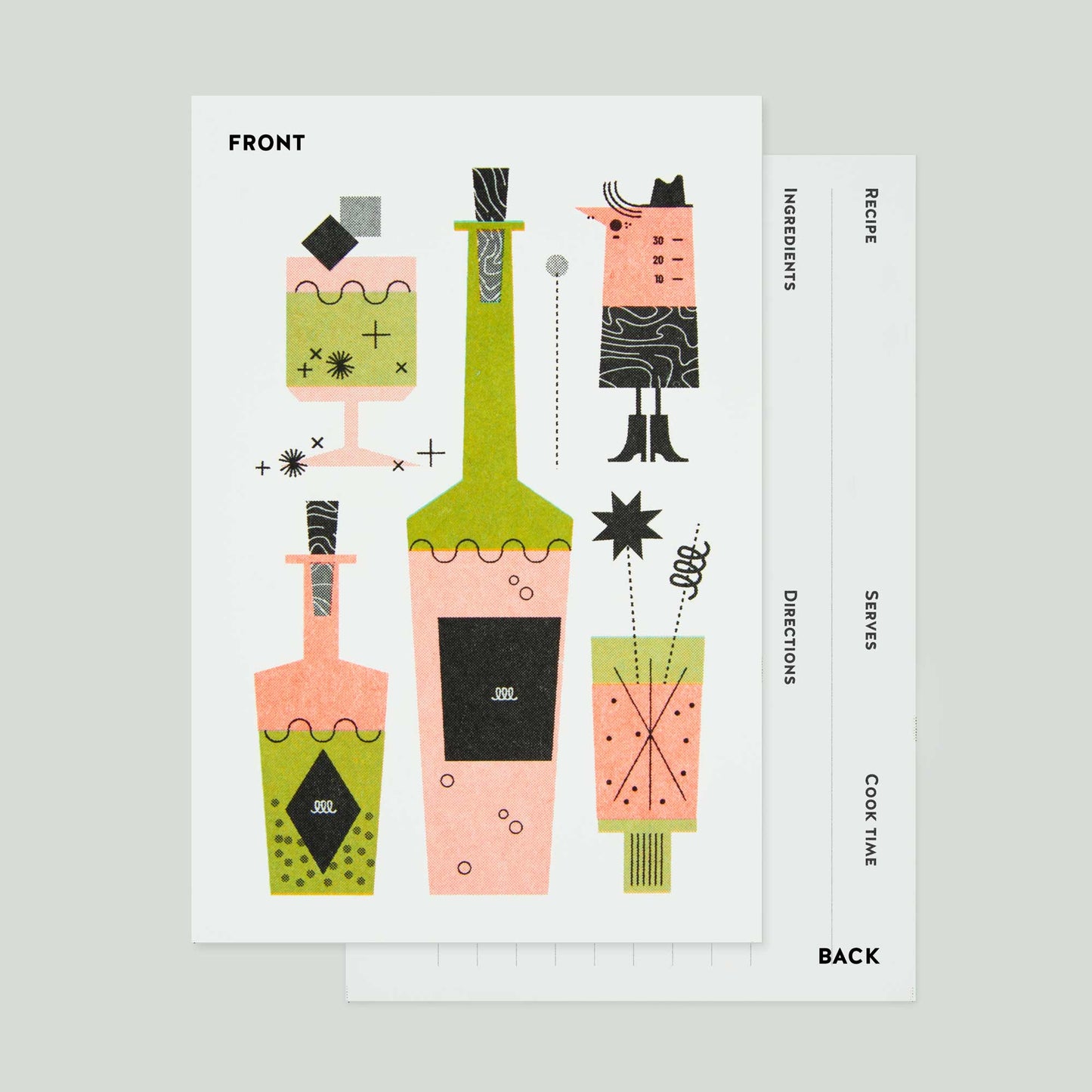 A printed recipe card shown flat on a light gray background, with the front cover featuring abstract illustrated bottles and glasses in pink, green, black, and cream, and the back page partially visible on the right.