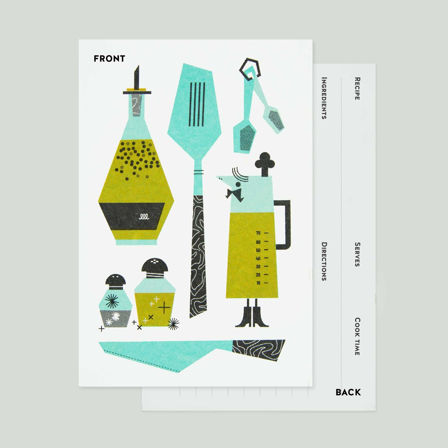 A recipe card set featuring a white card with colorful kitchen utensil illustrations and a second white card showing the back of the card with the lines for ingredients, recipe, directions, serves, and cook time.