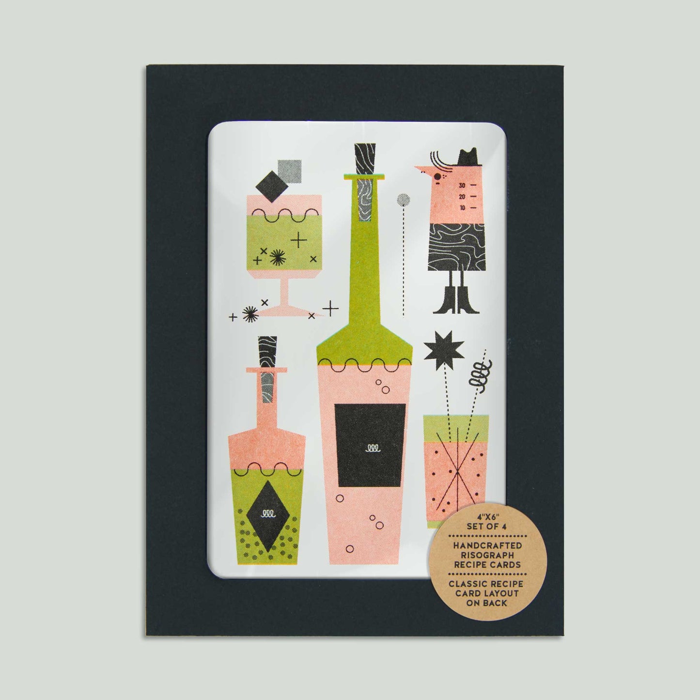 An envelope containing a set of 4 recipe cards featuring a whimsical illustration of cocktail bottles and a cocktail glasses in a retro style. 