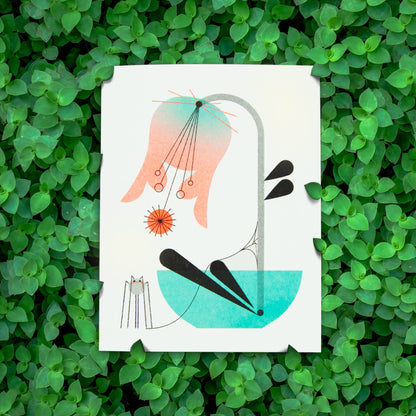 Illustration of a pink flower and a cute spider with a web on a white greeting card photographed green leaves in the background