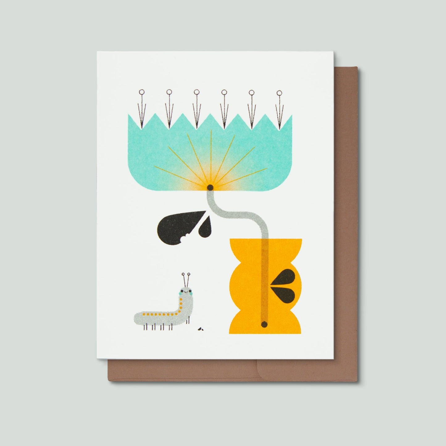 Greeting card with a colorful illustration of a vase, blue flower, and a caterpillar on a white background