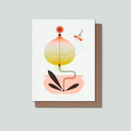 Greeting card with an illustrated  flower and a dragonfly on a gray background