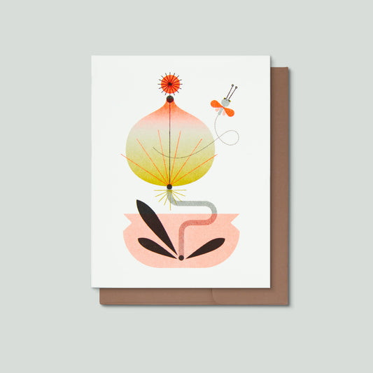 Greeting card with an illustrated  flower and a dragonfly on a gray background