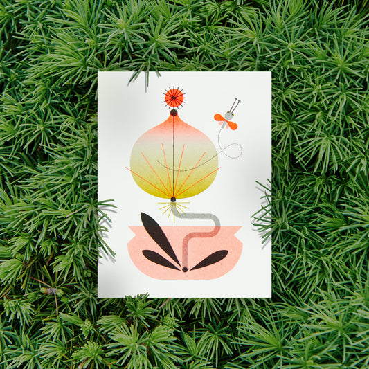 Illustration of a stylized flower and a dragonfly on a white background surrounded by green foliage