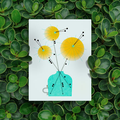 Inch Worm & Yellow Flowers Risograph Greeting Card