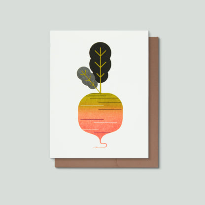 Greeting card with a stylized beet design on a gray background