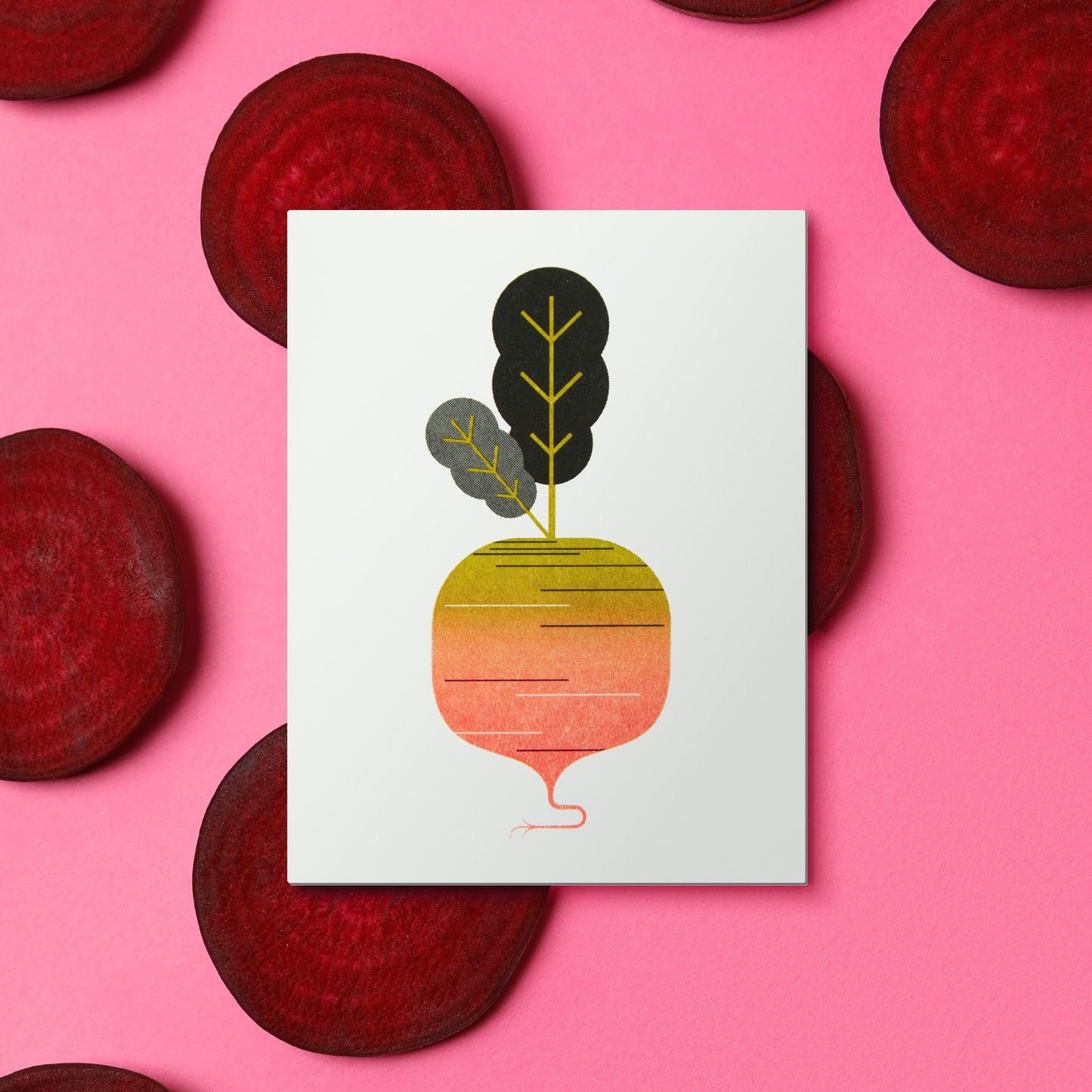 Card with a stylized illustration of a beetroot on a pink background with beetroot slices.