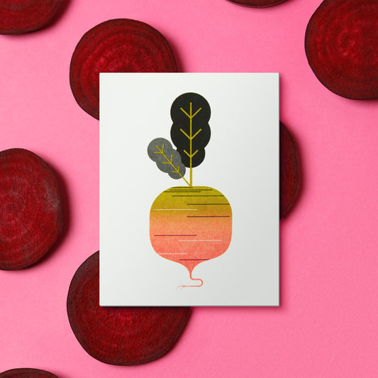 Card with a stylized illustration of a beetroot on a pink background with beetroot slices.