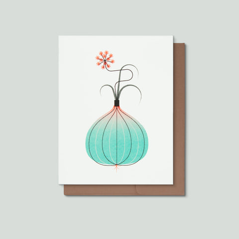 Greeting card with a stylized onion design on a white background