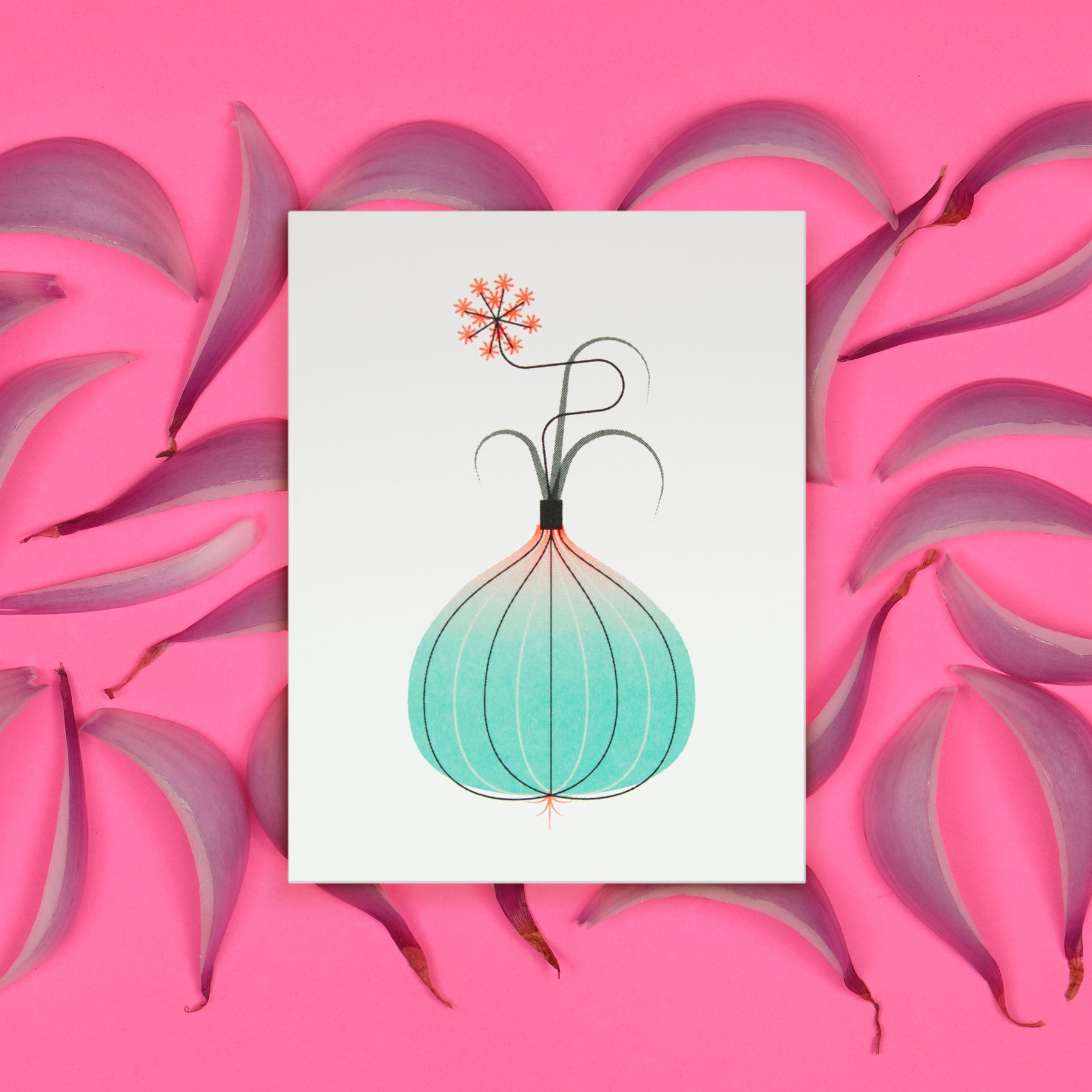 Illustration of a stylized onion on a greeting white card with sliced onions in the background.