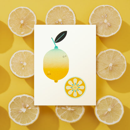 Illustration of a lemon with a gradient effect on a white card, surrounded by sliced lemons on a yellow background.