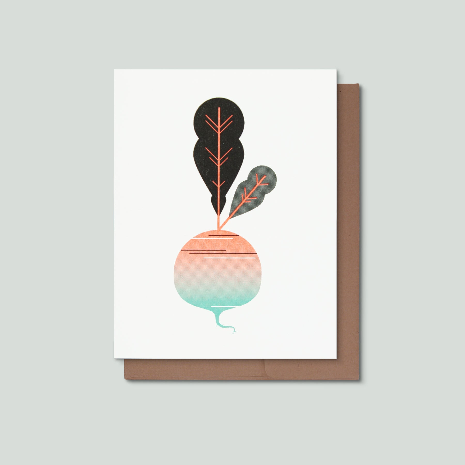 Greeting card with a stylized radish design on a gray background
