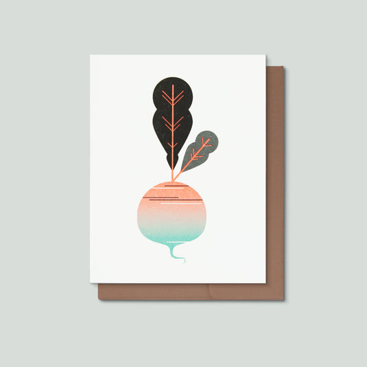 Greeting card with a stylized radish design on a gray background