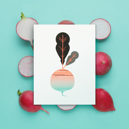 Illustration of a radish surrounded by real radishes on a turquoise background
