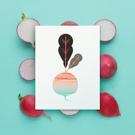 Illustration of a radish surrounded by real radishes on a turquoise background