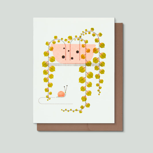 Greeting card with a green plant in a pink bowl with a snail on a white background