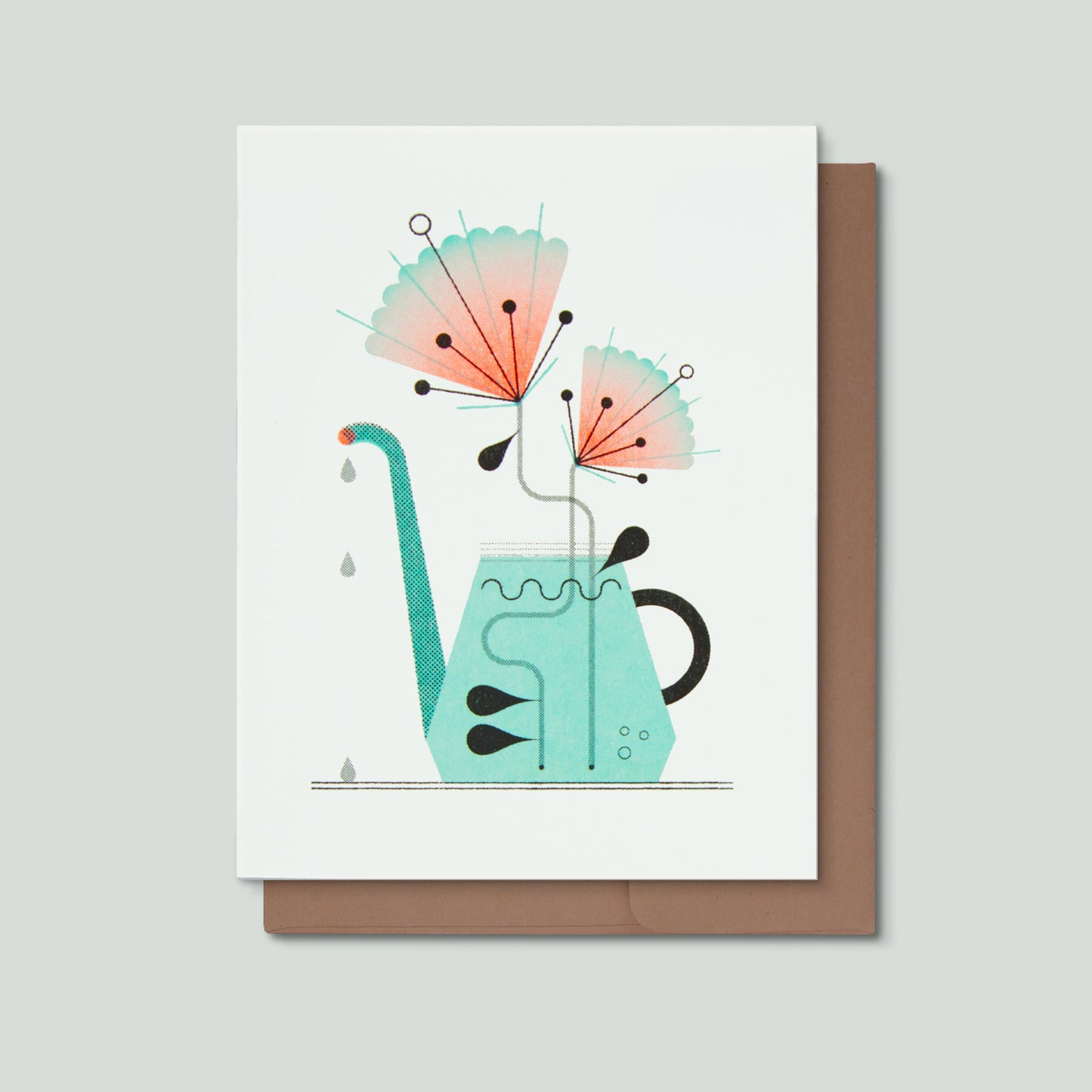 Greeting card with a watering can and flowers design on a white background