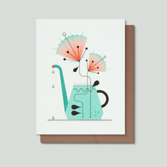 Greeting card with a watering can and flowers design on a white background