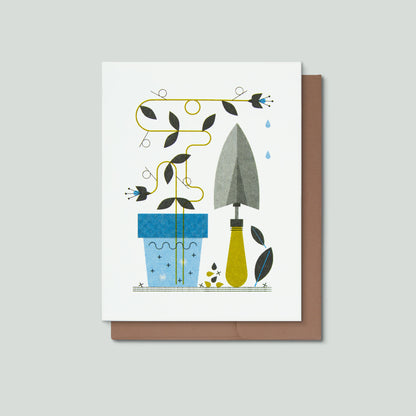 Plant Pot & Trowel Risograph Greeting Card