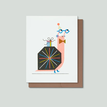 Greeting card with a colorful illustration of a party snail with a party hat, bowtie, and boots on a white background