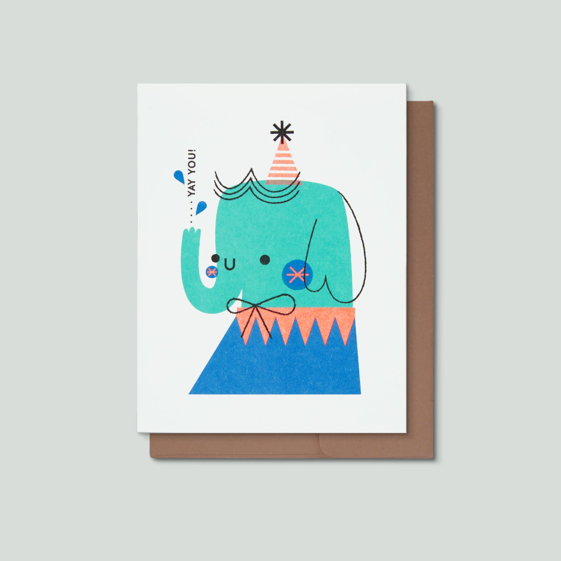 Greeting card with a colorful illustration of an elephant wearing a party hat on a gray background