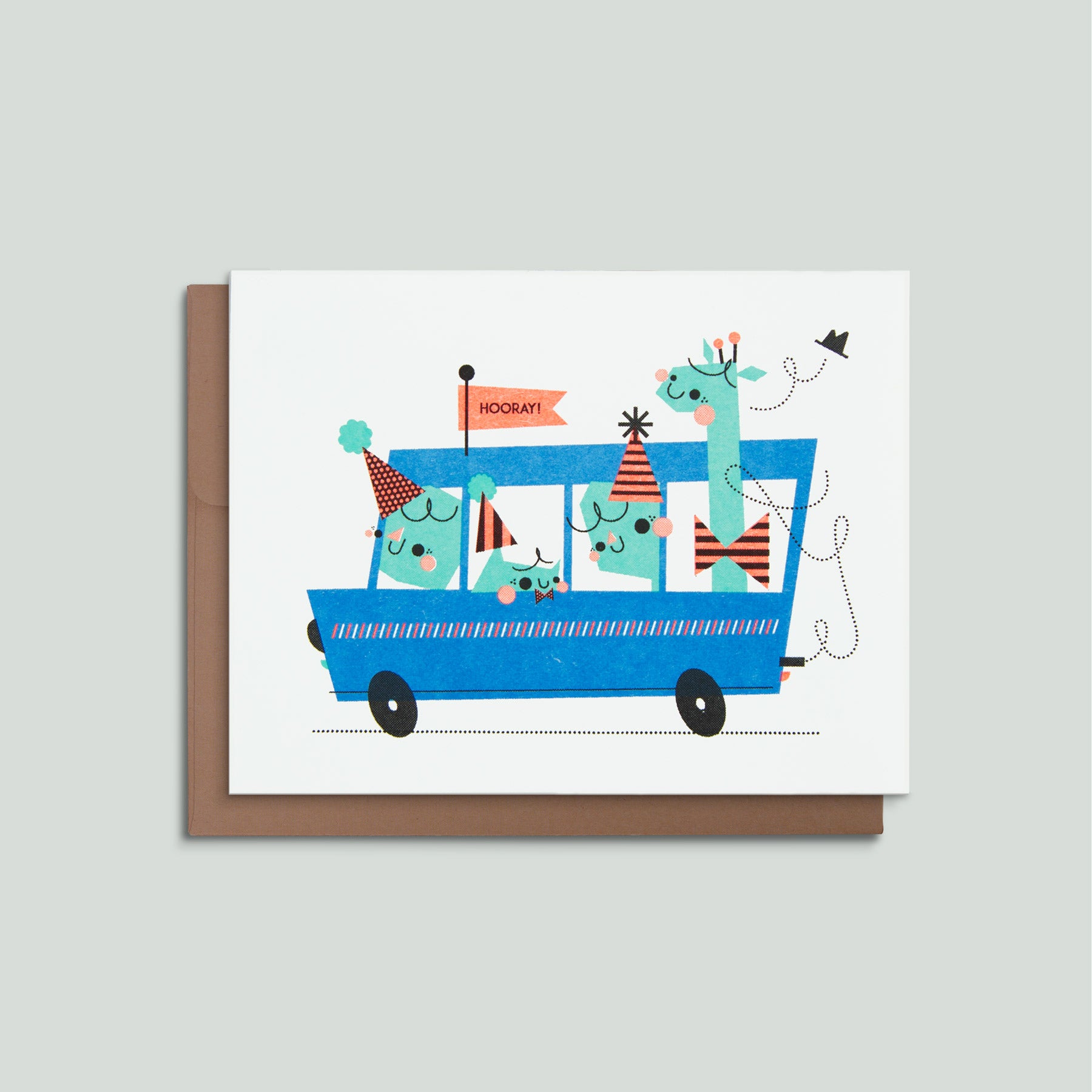 Illustrated greeting card with a blue party bus with people and animals on a gray background