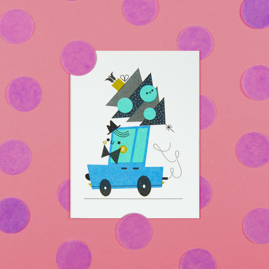 Illustration of a smiling blue car with christmas tree on the roof on a pink background with purple polka dots