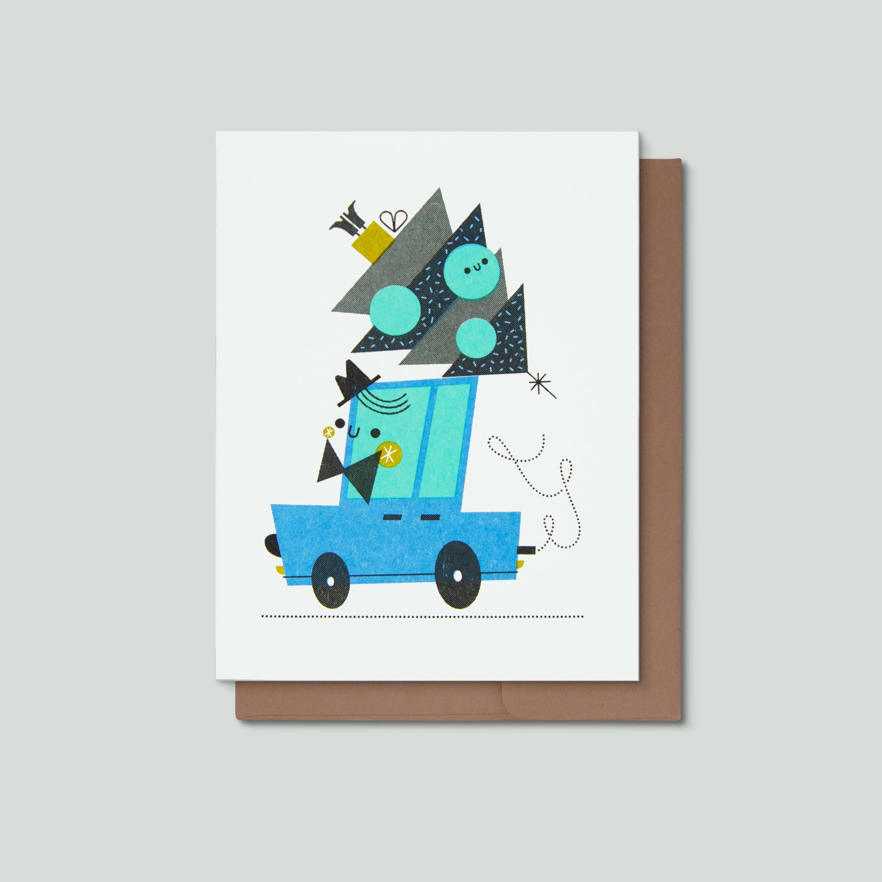 Greeting card with a blue car and a christmas tree on a white background