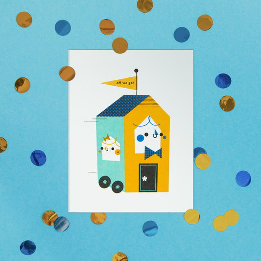 Illustration of a house on wheels with characters on a blue background with colorful confetti
