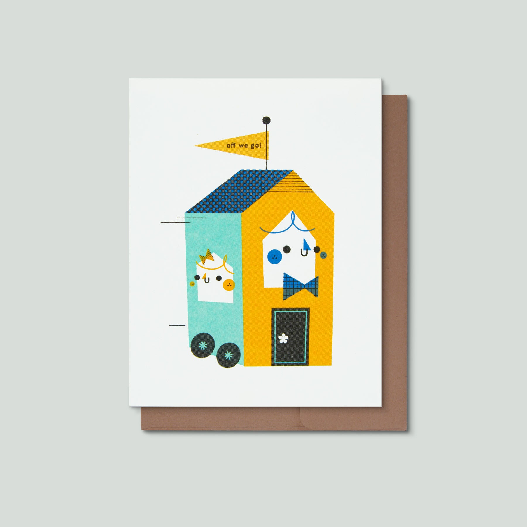 Greeting card with a colorful illustration of a house and two happy characters on a gray background