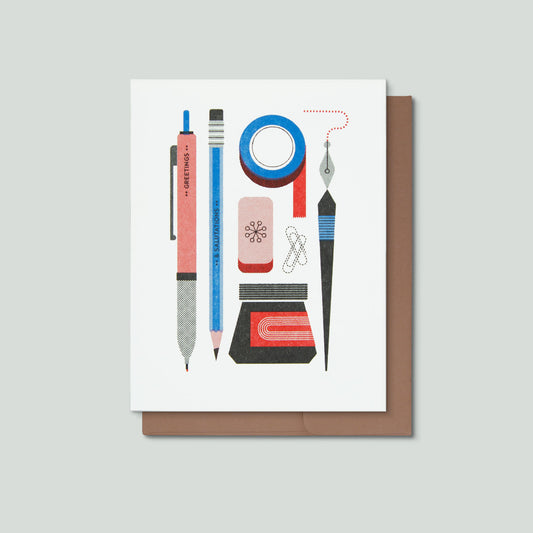 Greeting card with stationery items illustration on a white background