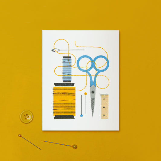 Greeting card with an illustration of sewing tools on yellow background.