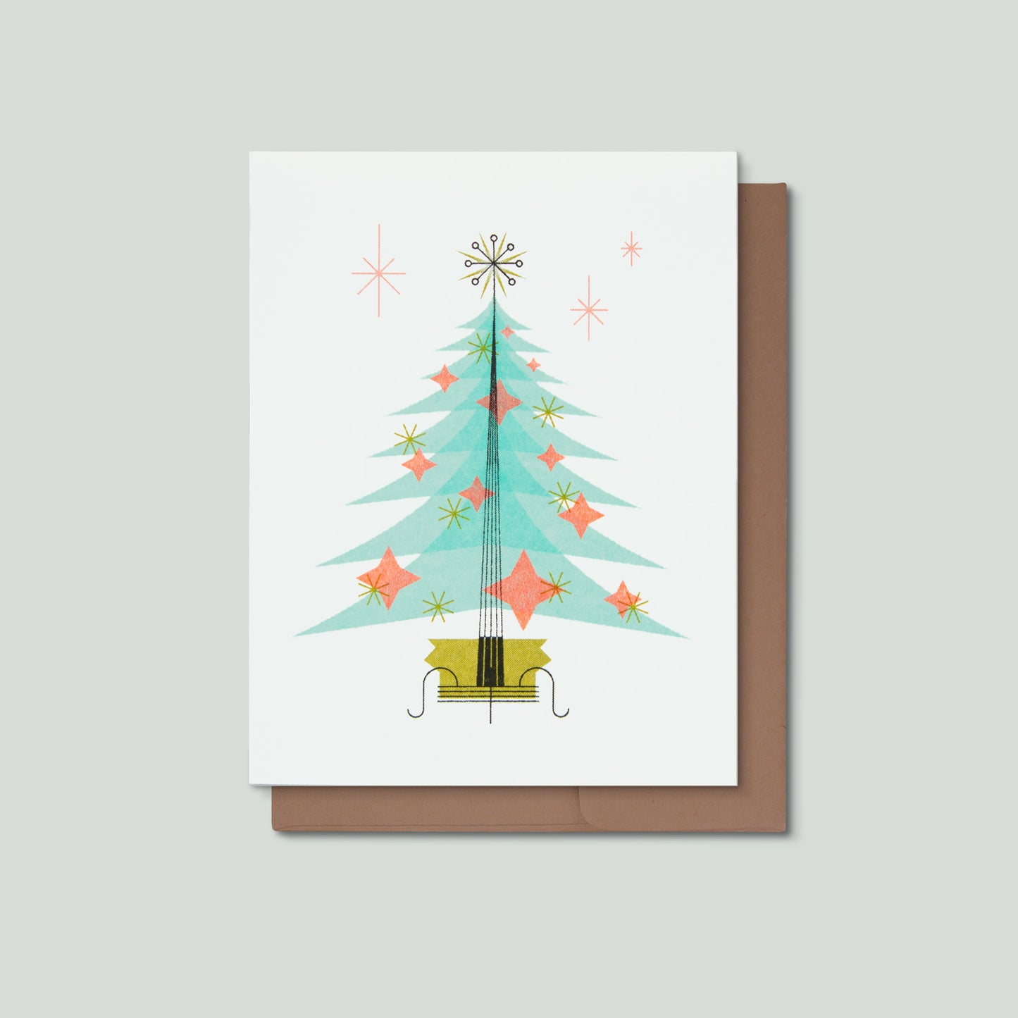 Greeting card with a Christmas tree design on a white background